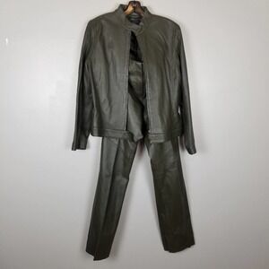 olive Leather suit set, Finity Studio, genuine leather pants and jacket size 8